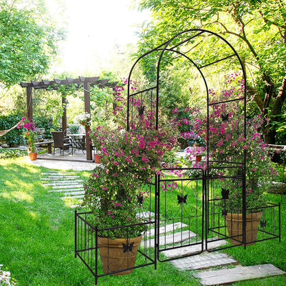 Metal Garden Arch with Gate and 2 Plant Stands, Garden Arch Trellis for Climbing Plants Outdoor