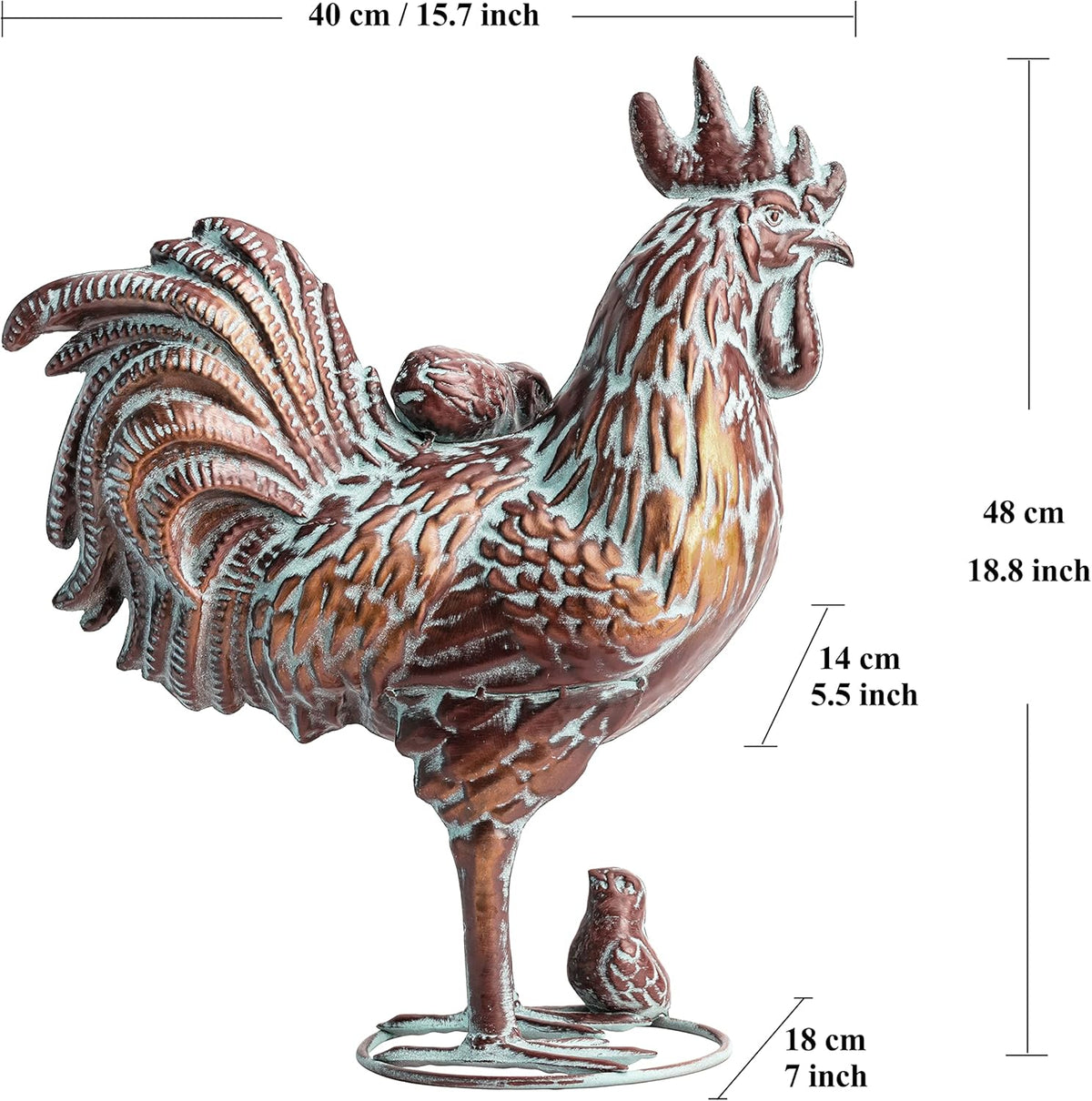 Metal Rooster w/ Chicks Statue Garden Yard Decor,15.7"L x 18.8"H Metal Chickens Yard Art, Vintage