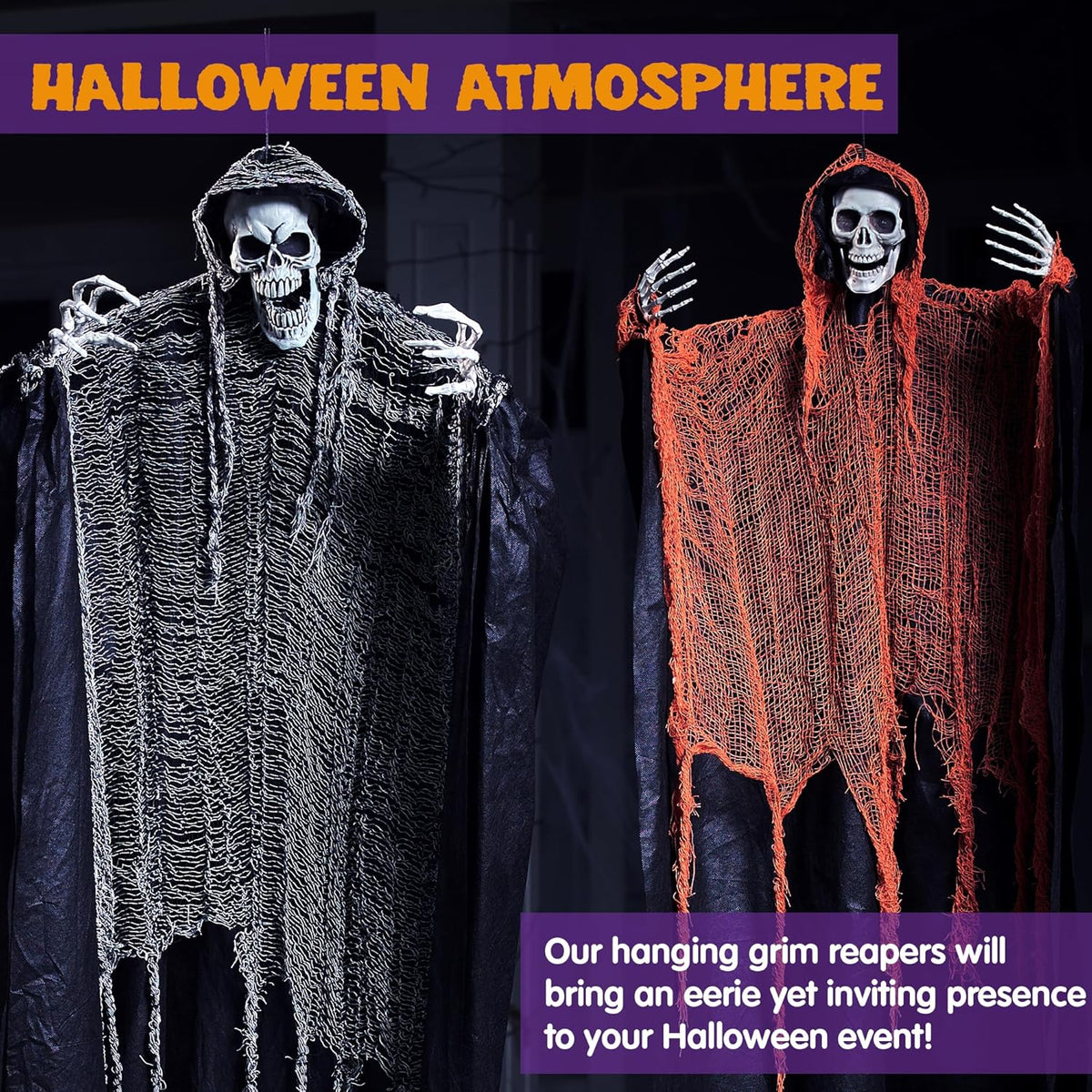 JOYIN 3 Pcs Halloween Hanging Grim Reapers, one 63” Two 47” Grim Reapers, Halloween Skeleton