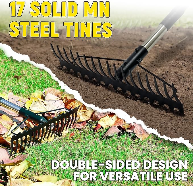 Bow Rake, 68-Inch Adjustable Handle Garden Rake with 17 Steel Tines, Heavy Duty Dual-Sided Metal