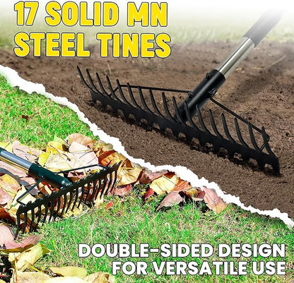 Bow Rake, 68-Inch Adjustable Handle Garden Rake with 17 Steel Tines, Heavy Duty Dual-Sided Metal
