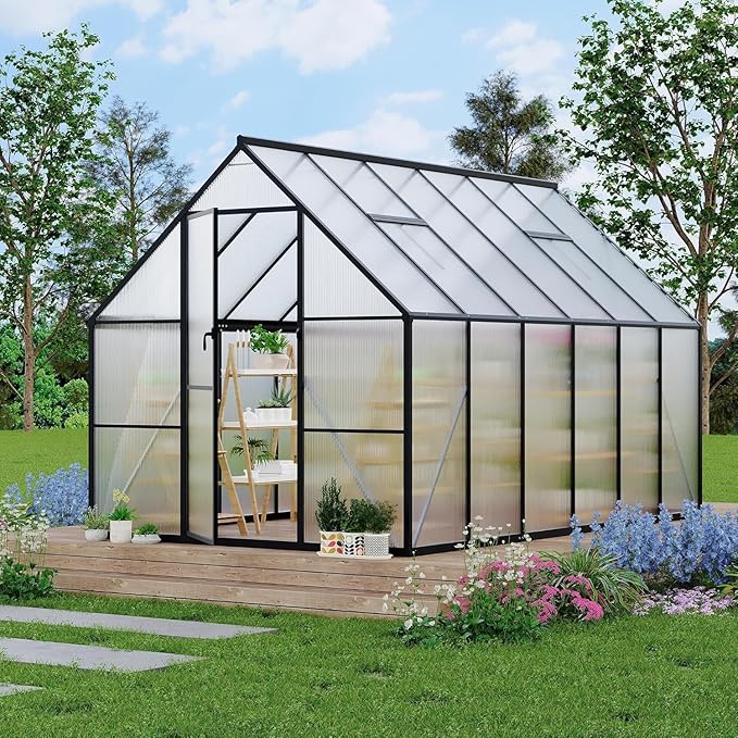 Greenhouse 6x9 FT Aluminum-Framed Heavy Duty Polycarbonate with Quick Setup Structure and Roof Vent