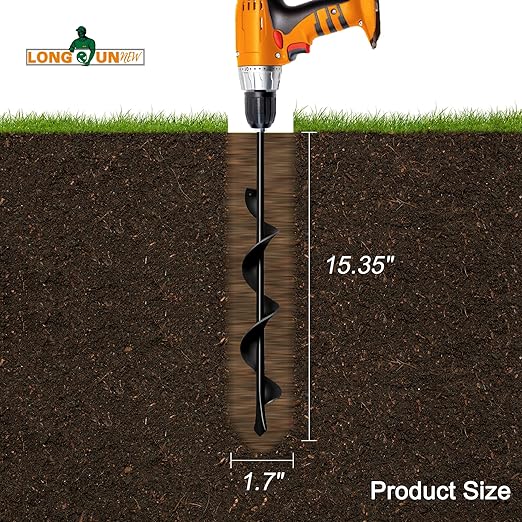 1.7"x15" Garden Auger Drill Bit for Planting Solid Shaft Bulb Auger, Heavy Duty Garden Spiral Drill