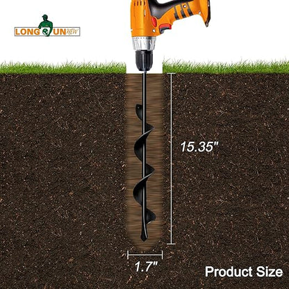 1.7"x15" Garden Auger Drill Bit for Planting Solid Shaft Bulb Auger, Heavy Duty Garden Spiral Drill
