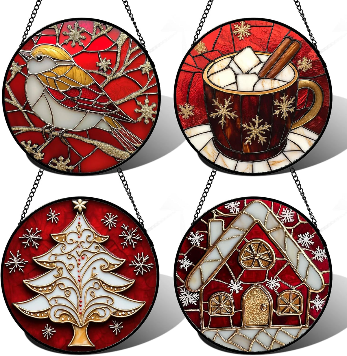 Stained Glass Window Hanging 4 Pcs Set Red Christmas Themed Decorations 6.3" - Suncatcher Door