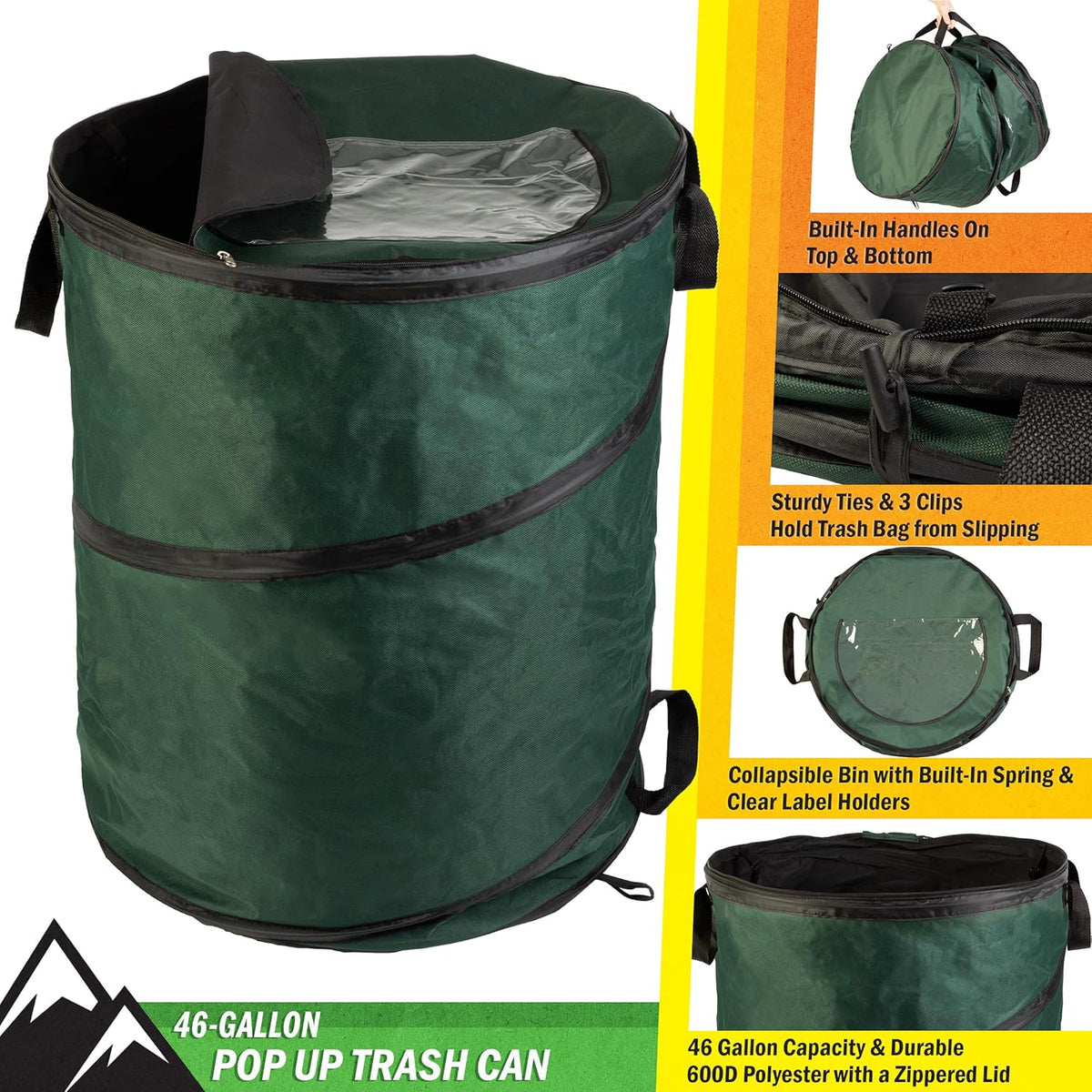 Wakeman Outdoor Trash Can - 46-Gallon Collapsible Garbage Can with 3 Stakes - Pop Up Trash Bin for