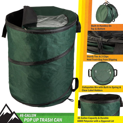 Wakeman Outdoor Trash Can - 46-Gallon Collapsible Garbage Can with 3 Stakes - Pop Up Trash Bin for