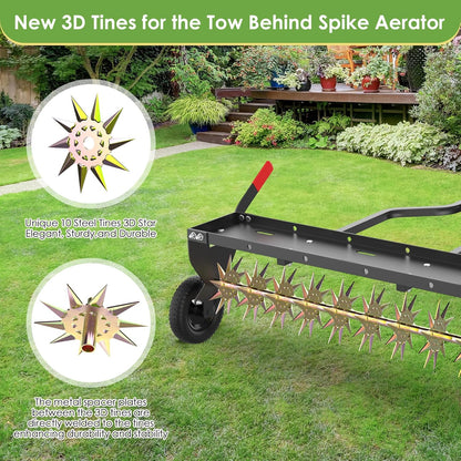 Seeutek 40 Inch Tow Behind Spike Aerator - Heavy Duty Rolling Lawn Aerator with 3D Steel Tines &