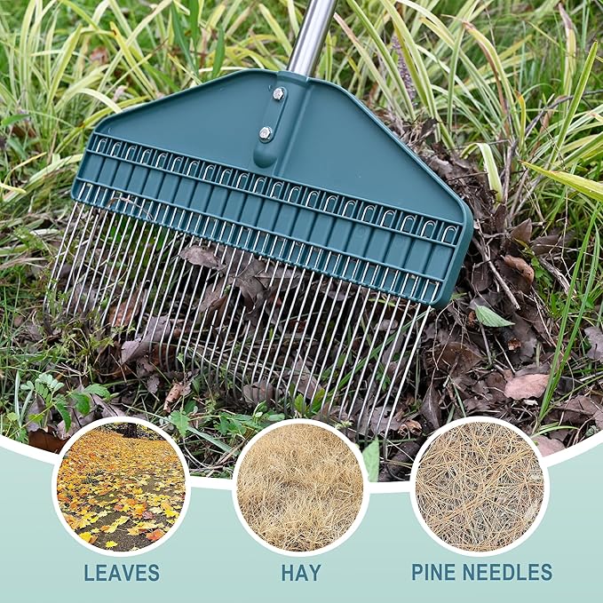 Thatch Rake & Leaves Rake 66-Inch Adjustable S/S Handle Heavy-Duty Design for Garden Lawns and