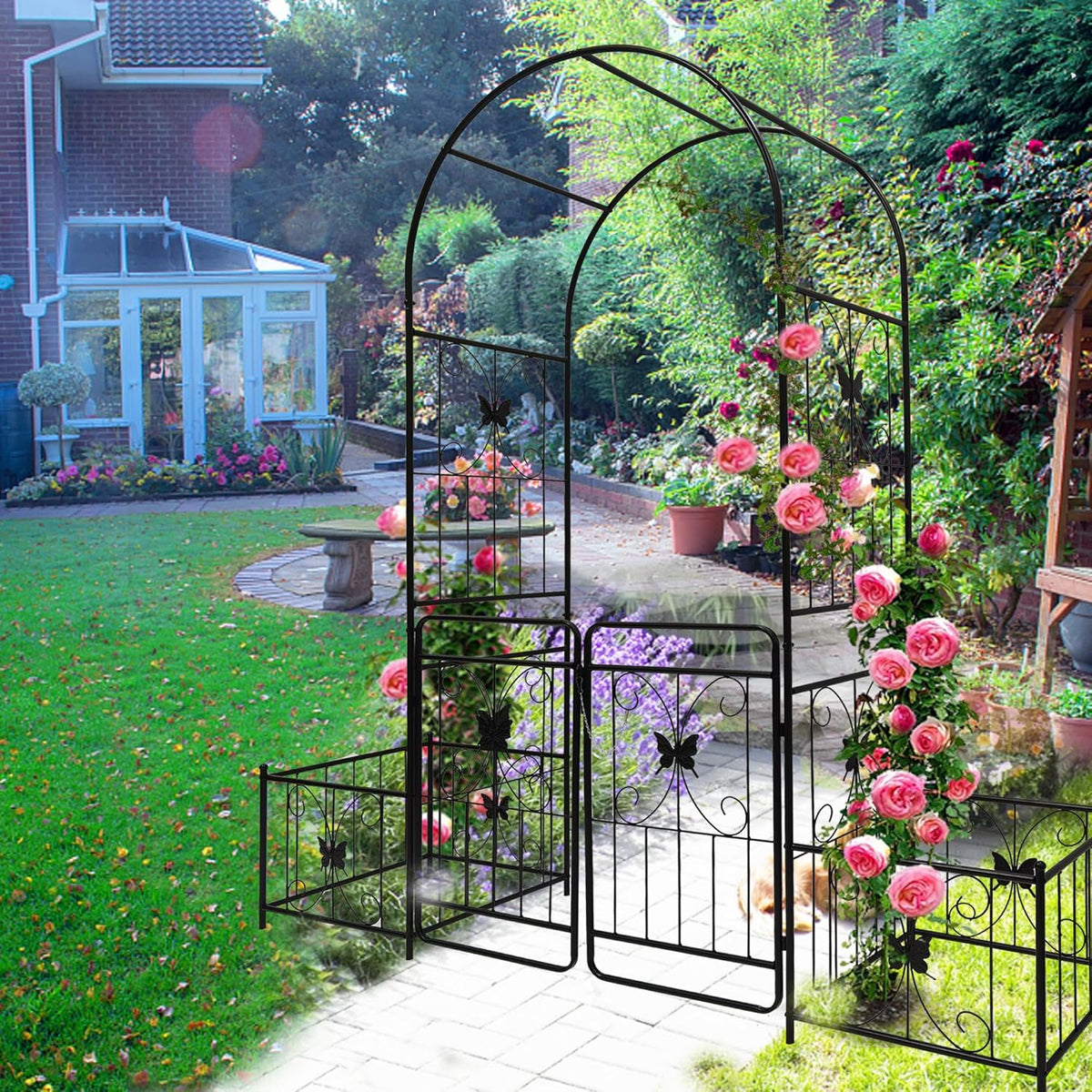 Metal Garden Arch with Gate and 2 Plant Stands, Garden Arch Trellis for Climbing Plants Outdoor