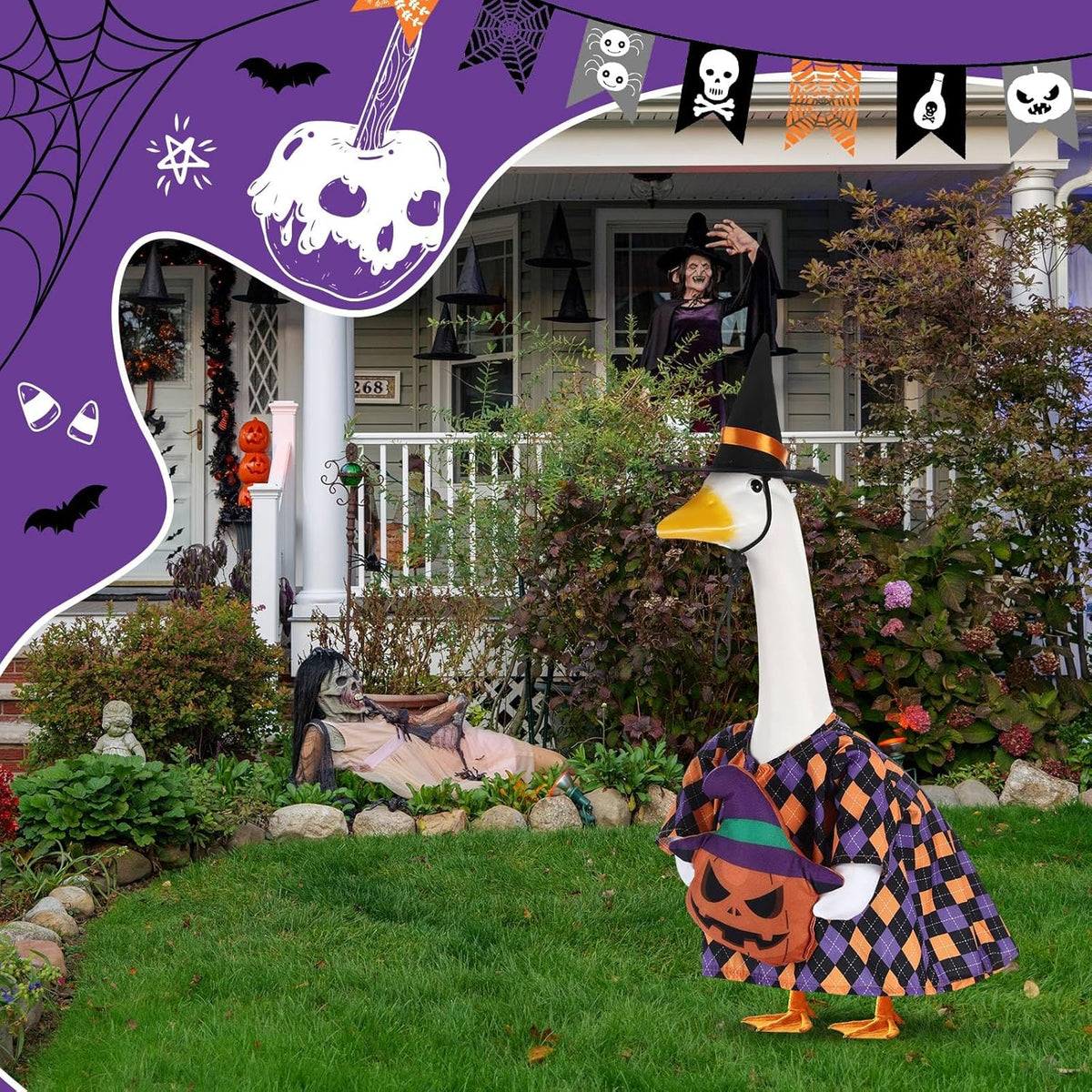 Sanwuta 1 Set Halloween Porch Goose Outfit Pumpkin Pillow Design with Witch Hat for 23" Lawn Cement