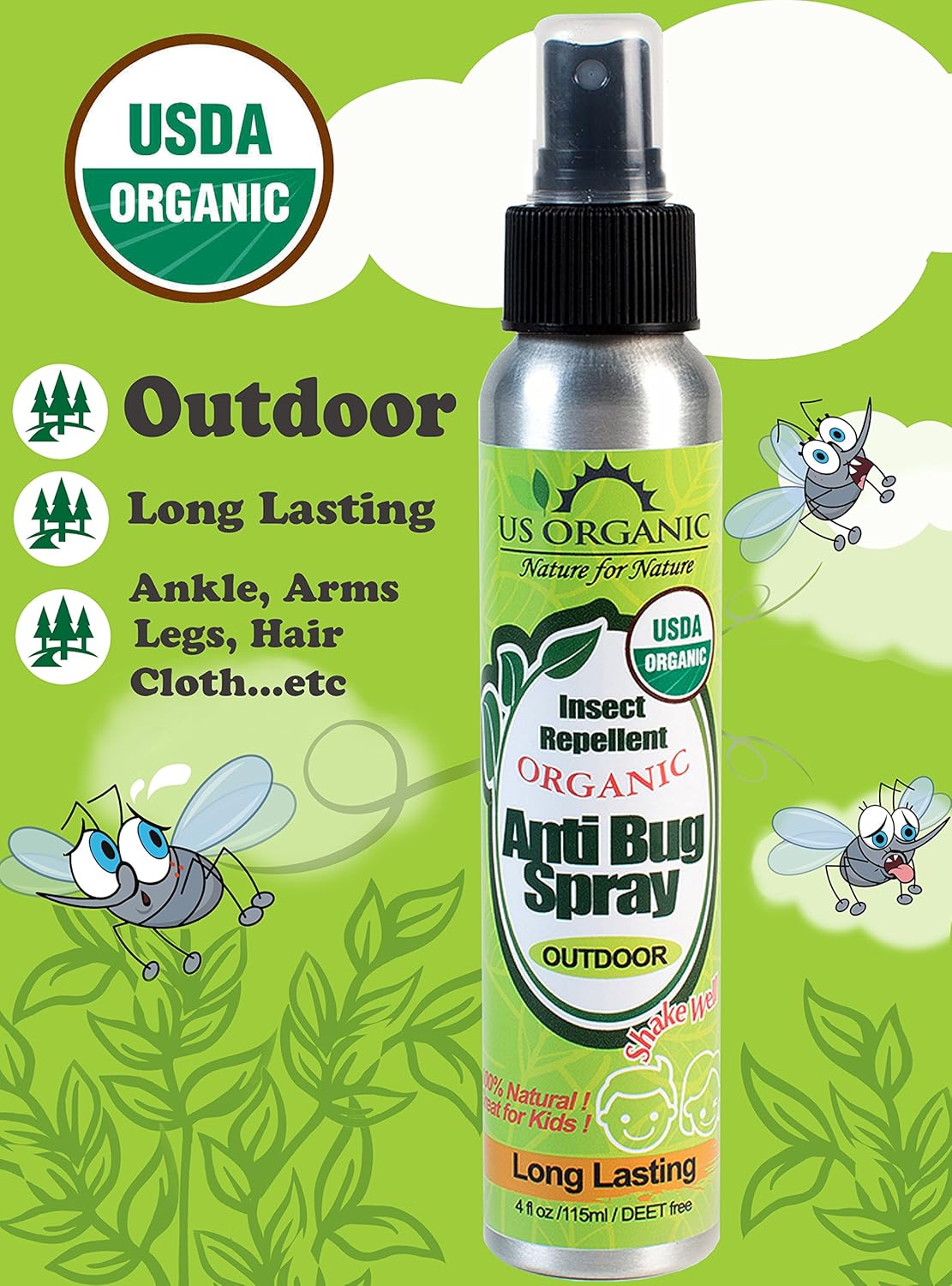 US Organic Mosquito Repellent Anti Bug Outdoor Pump Spray, 4 oz, Certified Organic, DEET-Free