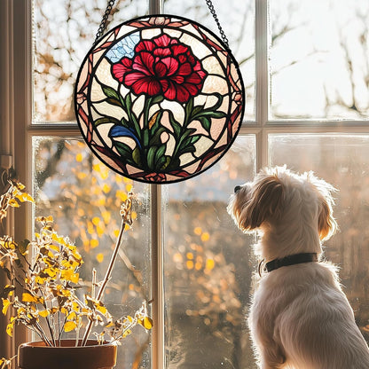 Stained Glass Window Hanging - Red Carnation Birth Flower Sun Catcher for Door Garden Home Decor