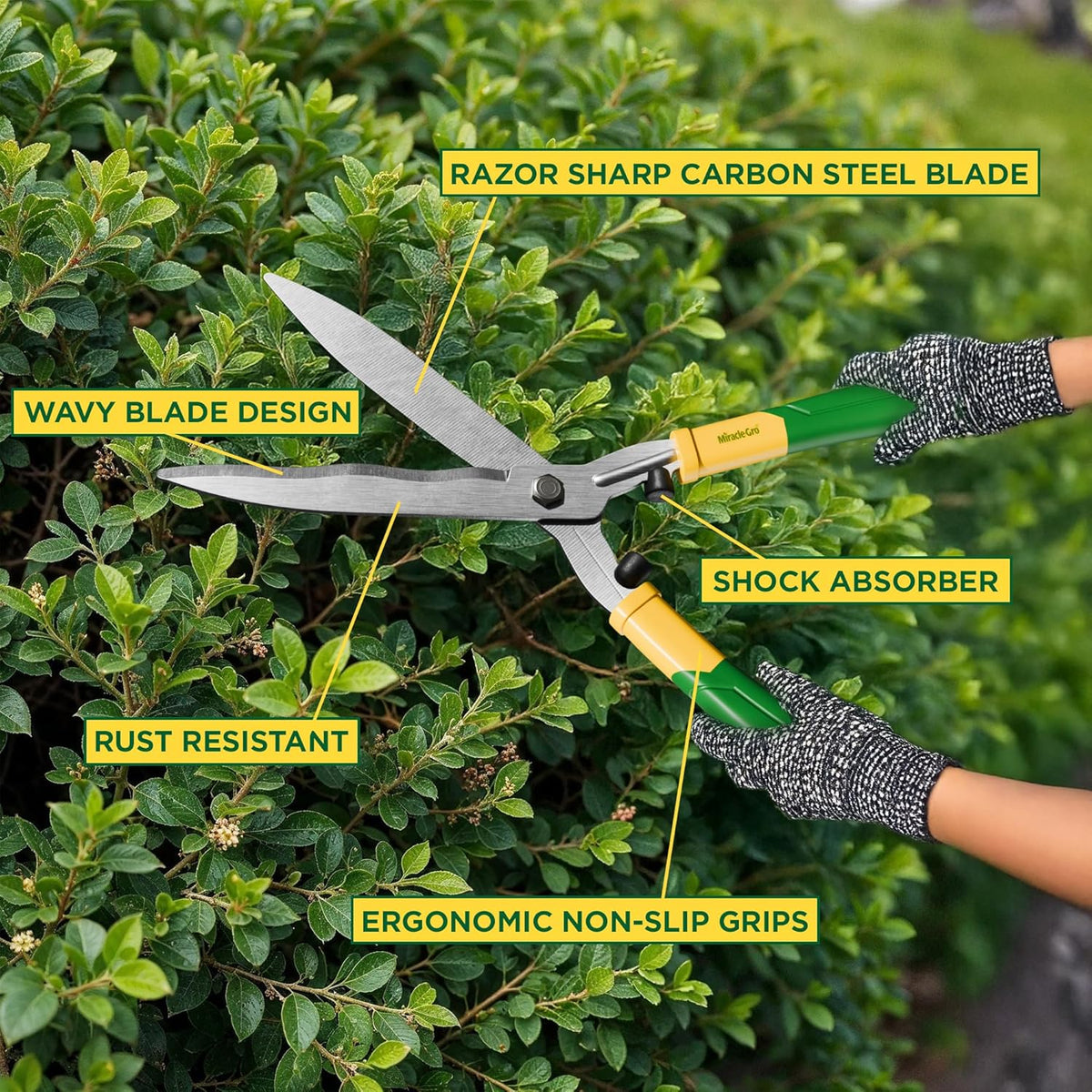 Miracle-Gro 18 in. Wavy Blade Hedge Shears – Lawn and Yard Tool with Sharp Carbon Steel Blades for
