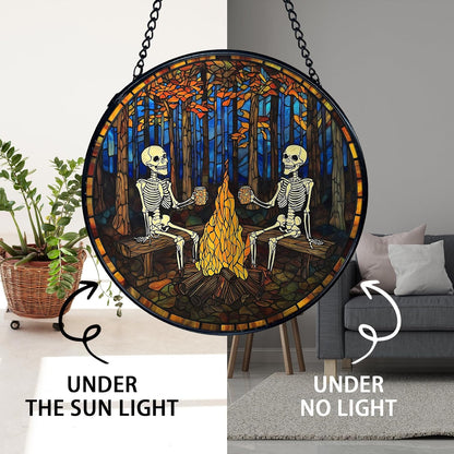 TNUW Halloween Fall Skeleton Stained Glass Window Hanging, Gothic Skeleton Autumn SunCatchers