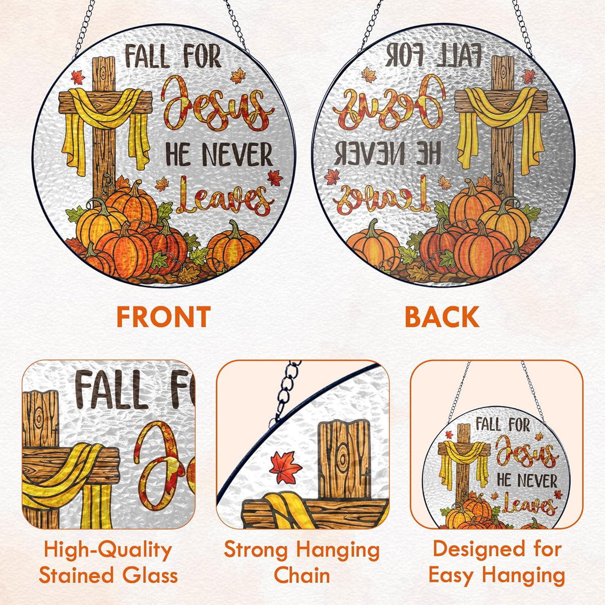 FLAGWIX Fall Decorations for Home - Stained Glass Window Hanging 8in - Christian Sun Catchers