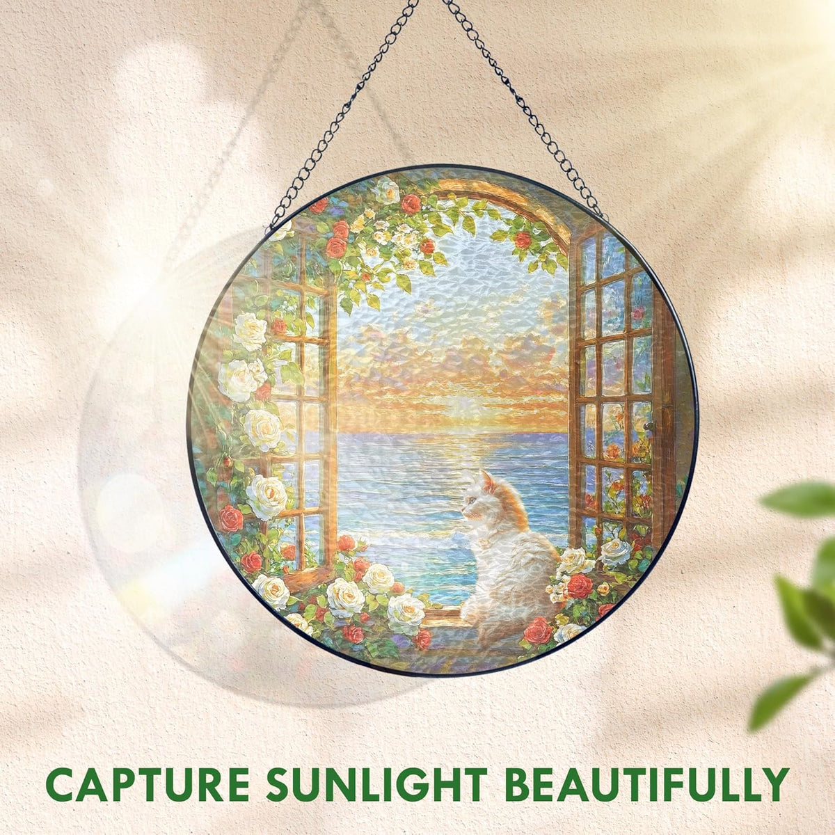 FLAGWIX Christmas Cat Gifts for Women - Stained Glass Window Hanging 8 in - Beach Gifts for Women