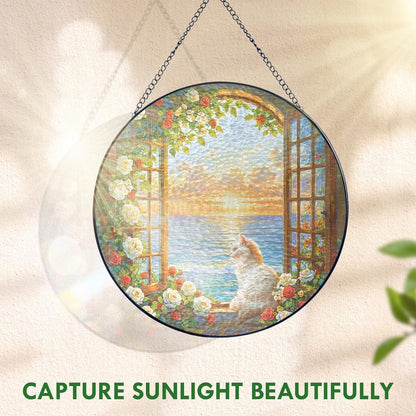 FLAGWIX Christmas Cat Gifts for Women - Stained Glass Window Hanging 8 in - Beach Gifts for Women