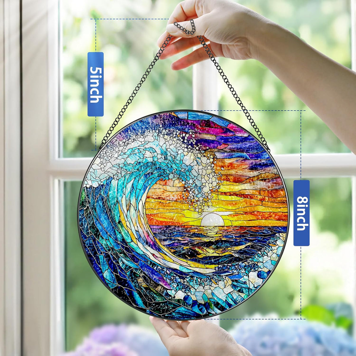 Stained Glass Window Hanging, Pauyadu 8 Inch Sea Waves Stained Glass Suncatcher, Sunset on The