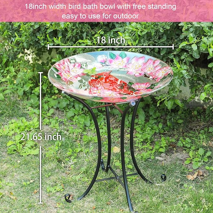 MUMTOP Outdoor Glass Birdbath with Metal Stand for Outside Lawn Yard Garden Cardinal