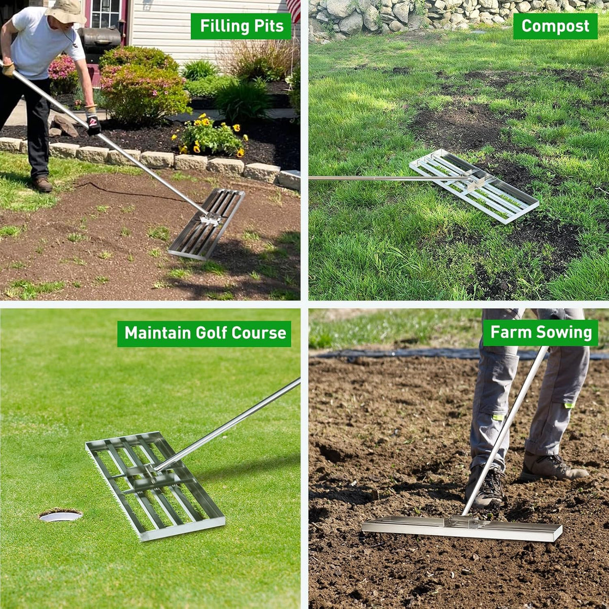GreatBuddy Lawn Leveling Rake 30'' x 10", Heavy-Duty Stainless Steel Lawn Leveling Tool for Lawn