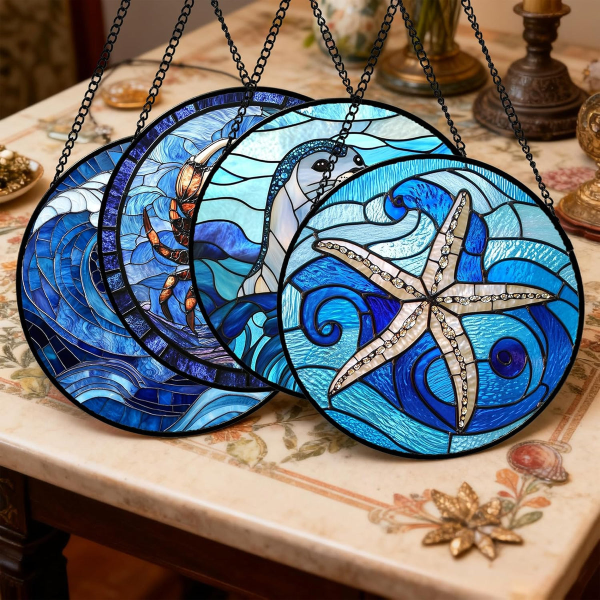 Stained Glass Window Hanging 4 Pcs Set Blue Ocean Waves Large 11.8" - Starfish Crab Seal Suncatcher
