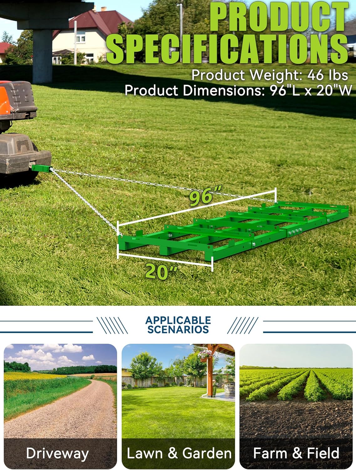 8ft Heavy Duty Drag Harrow for ATV, UTV, Tractor - Adjustable Tow Behind Leveling Rake with Weight