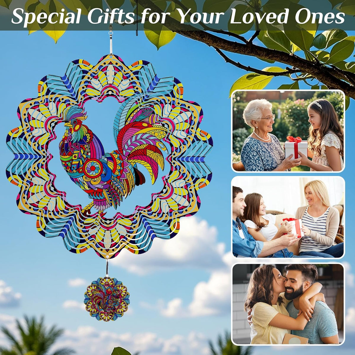 Wind Spinners Outdoor Hanging Rooster - Metal Chicken Gifts for Mom Women Grandma Men, 11.5 Inch 3D