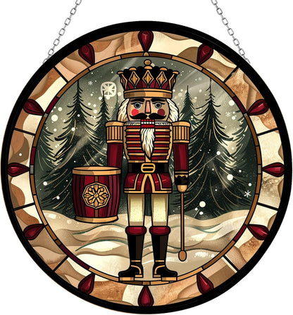 Christmas Wooden Nutcracker Stained Glass Suncatcher Window Hangings, Stained Glass Panel Sun