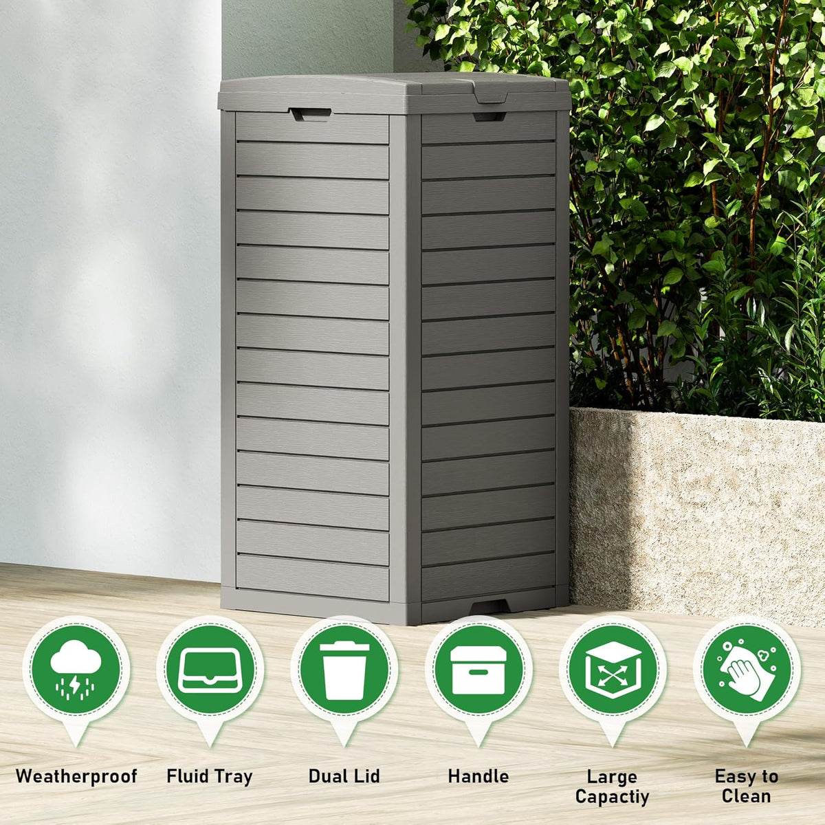 31 Gallon Outdoor Trash Can, Waterproof Resin Garbage Can with Lid and Drip Tray Easy Cleaning