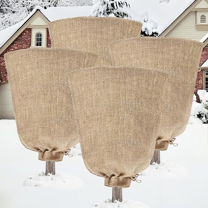Riare 4 Packs 40 × 47 Inch Burlap Winter Plant Cover Bags with Drawstring- Reusable Large Burlap