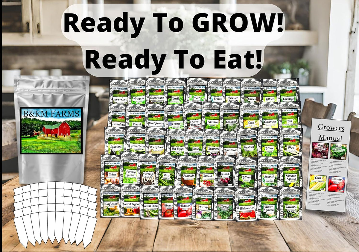 B&KM Farms 30,000+ Survival Seed Kit 5+ Year Supply. 50 Fruit & Vegetable Non-GMO Heirloom Seeds