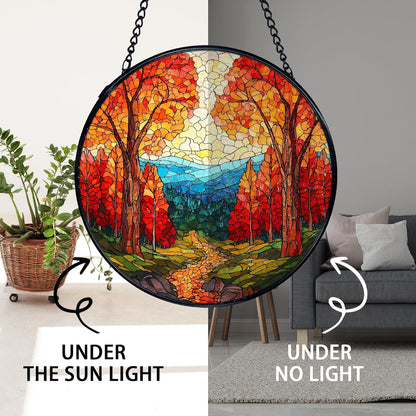 TNUW Fall Forest Stained Glass Window Hanging, Rustic Autumn Landscape Sun Catchers Indoor Window