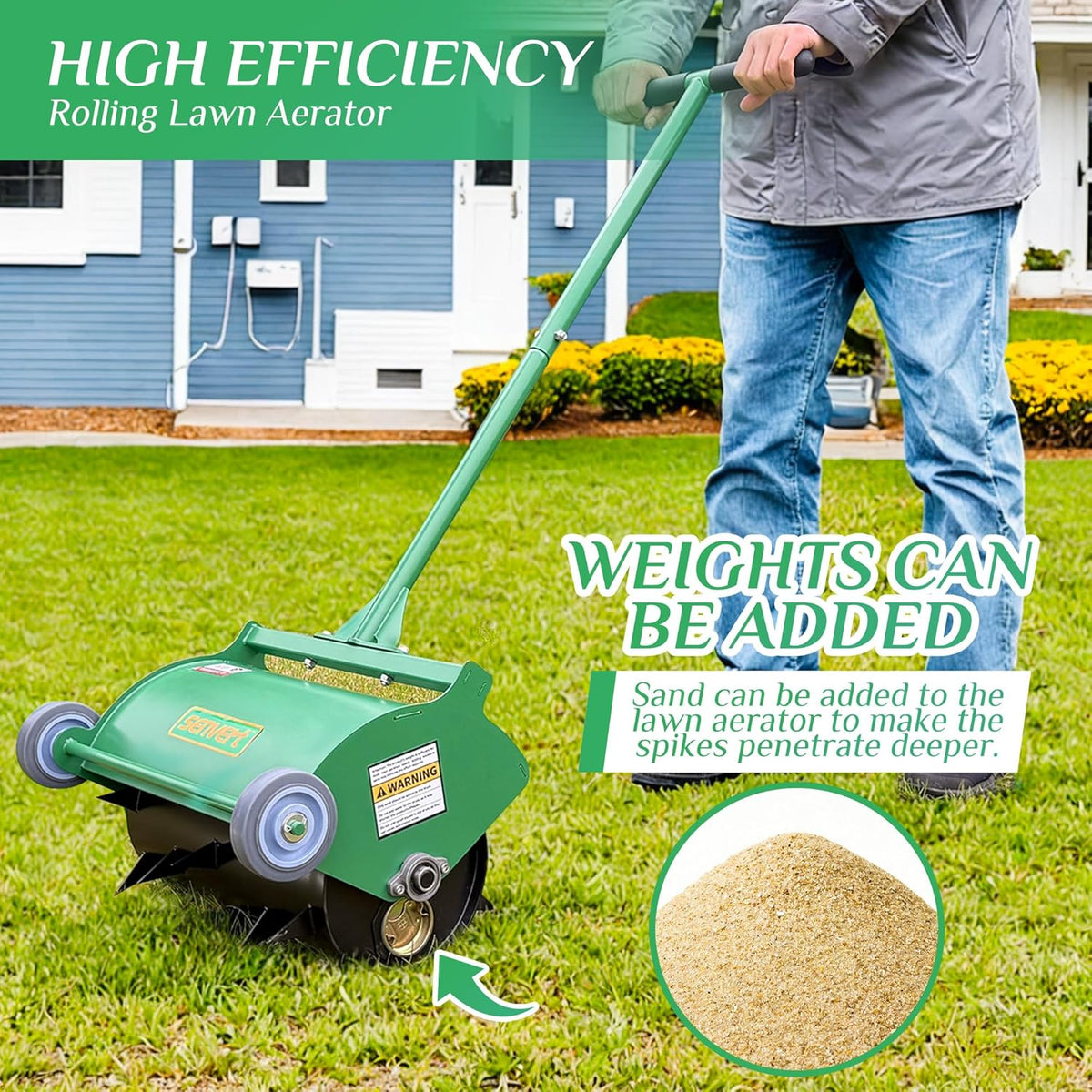 Rolling Lawn Aerator, Heavy Duty Push Spike Aeration Tool Up to 55 lbs, Manual Rotary Grass Aerator