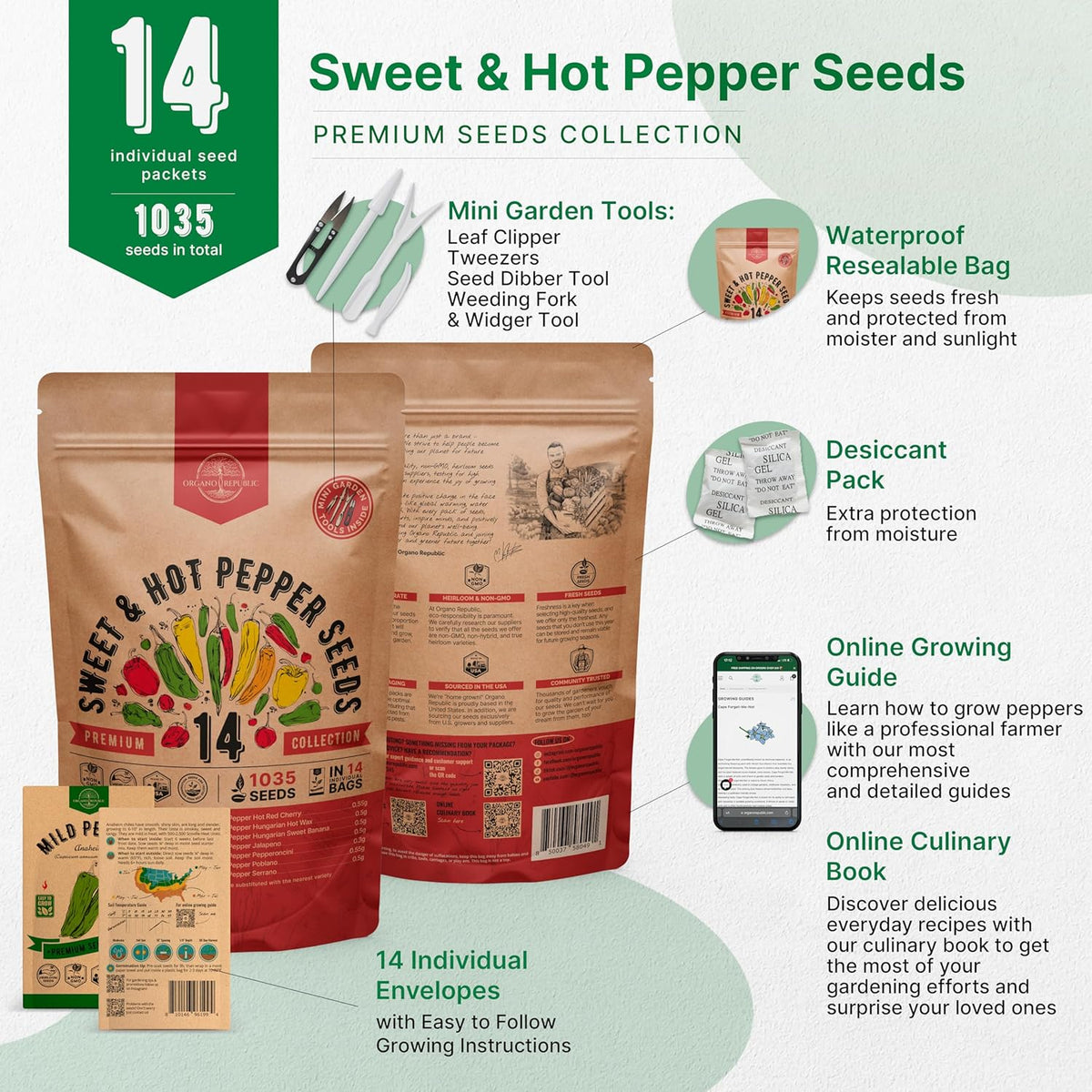 Organo Republic 14 Sweet & Hot Peppers Seeds Variety Pack - 1,030+ Non-GMO Heirloom Pepper Seeds