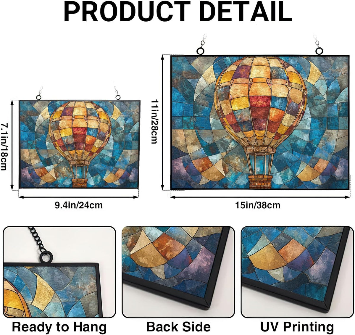 Personalized Rectangle Boho Hot Air Balloon Stained Glass Suncatcher Window Hanging, Gothic