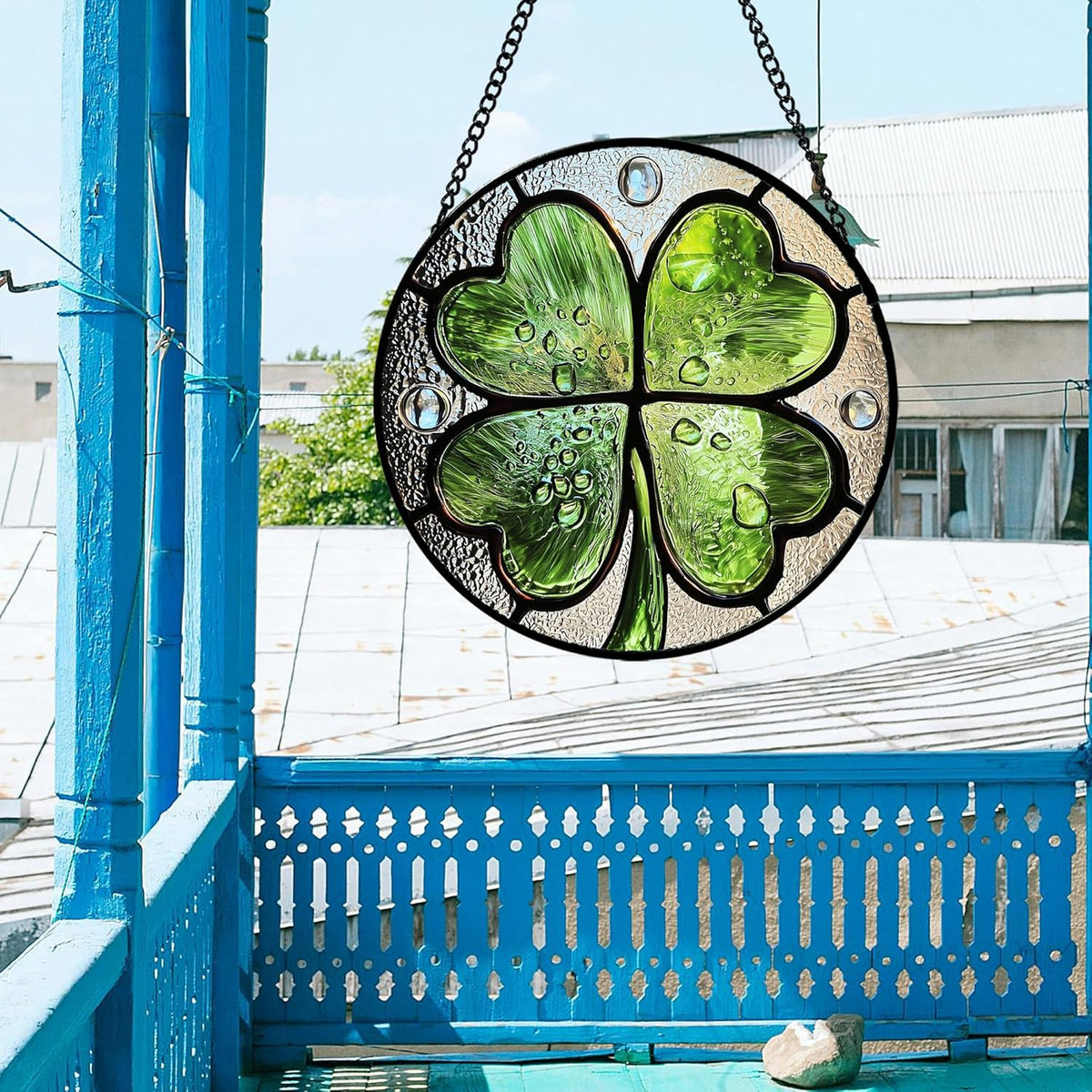Stained Glass Window Hanging, Green Silver 4 Leaf Clover Sun Catcher for Window Door Home Decor