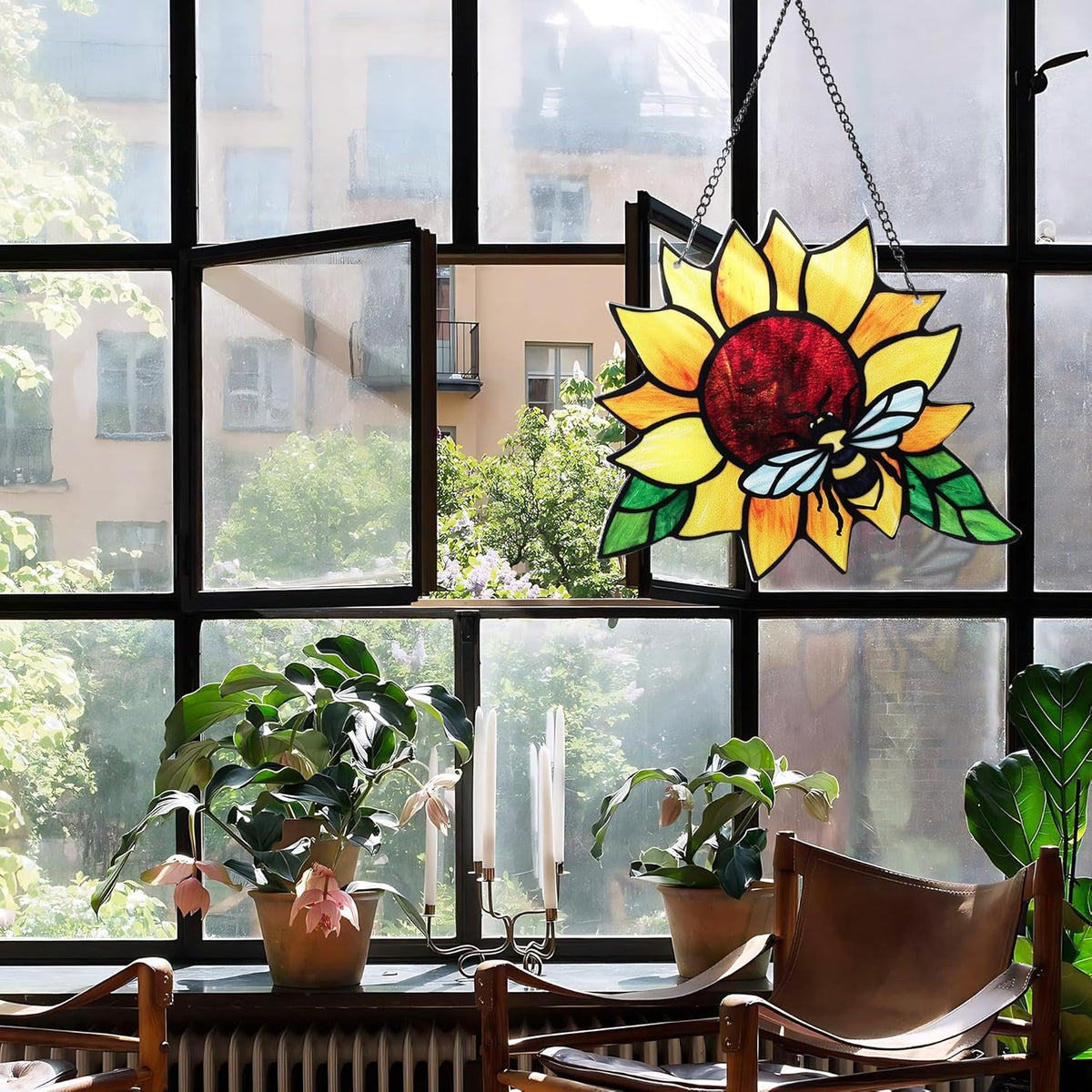 Stained Glass Suncatcher, Sunflower and Ladybug Window Hanging, Hand-Painted (Style 3)