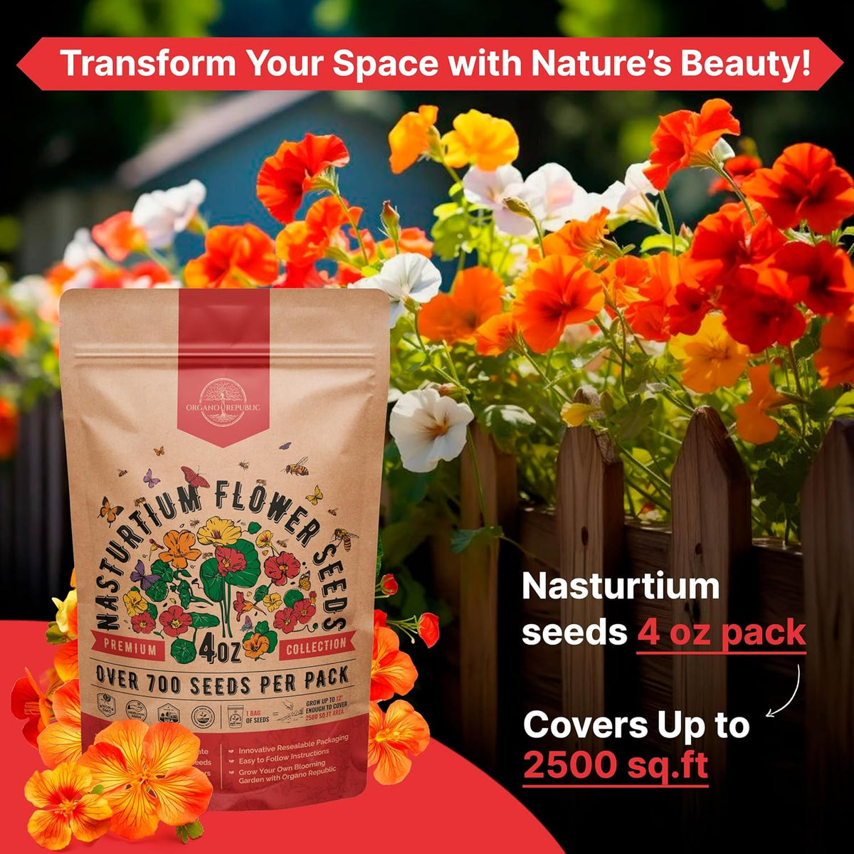 Nasturtium Seeds Pack 4 oz - Over 700 Non-GMO Heirloom Nasturtium Seeds for Planting, Edible