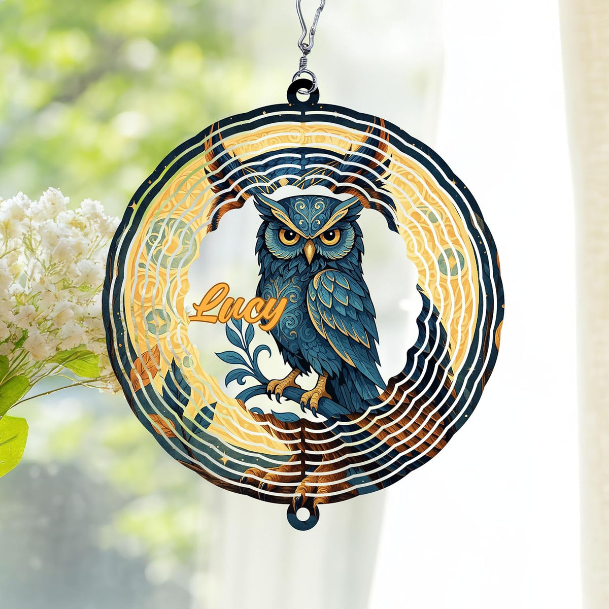 Personalized Owl Wind Spinner 3D Stainless Steel, Owl Garden Spinner Hanging Outdoor Decor, Wind