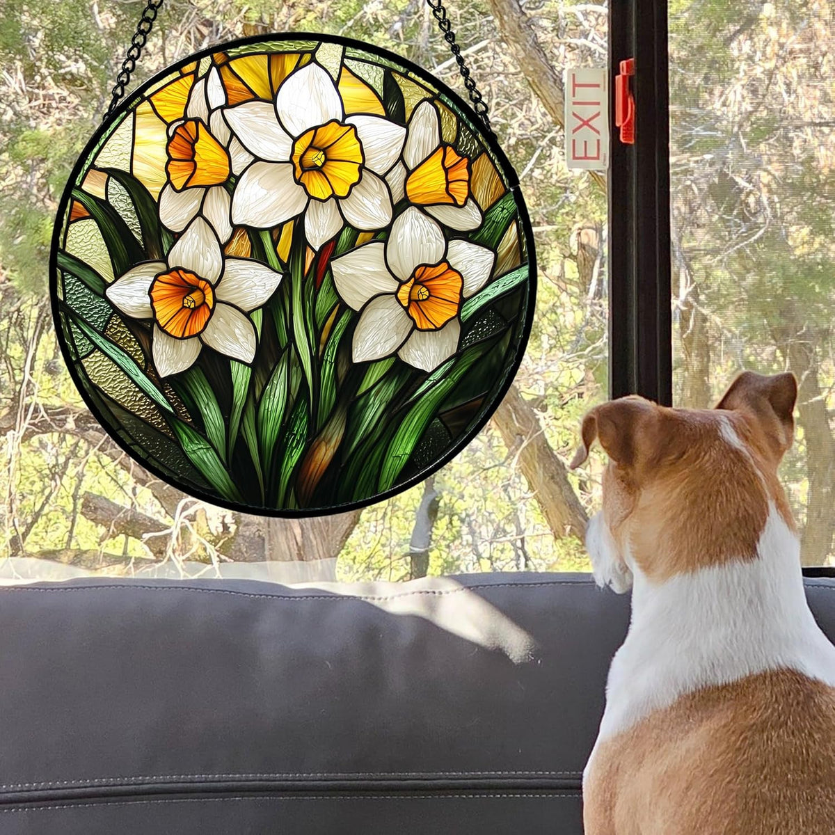 Stained Glass Window Hanging, Yellow and White Daffodils Sun Catcher for Door Home Decor Plants