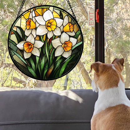 Stained Glass Window Hanging, Yellow and White Daffodils Sun Catcher for Door Home Decor Plants