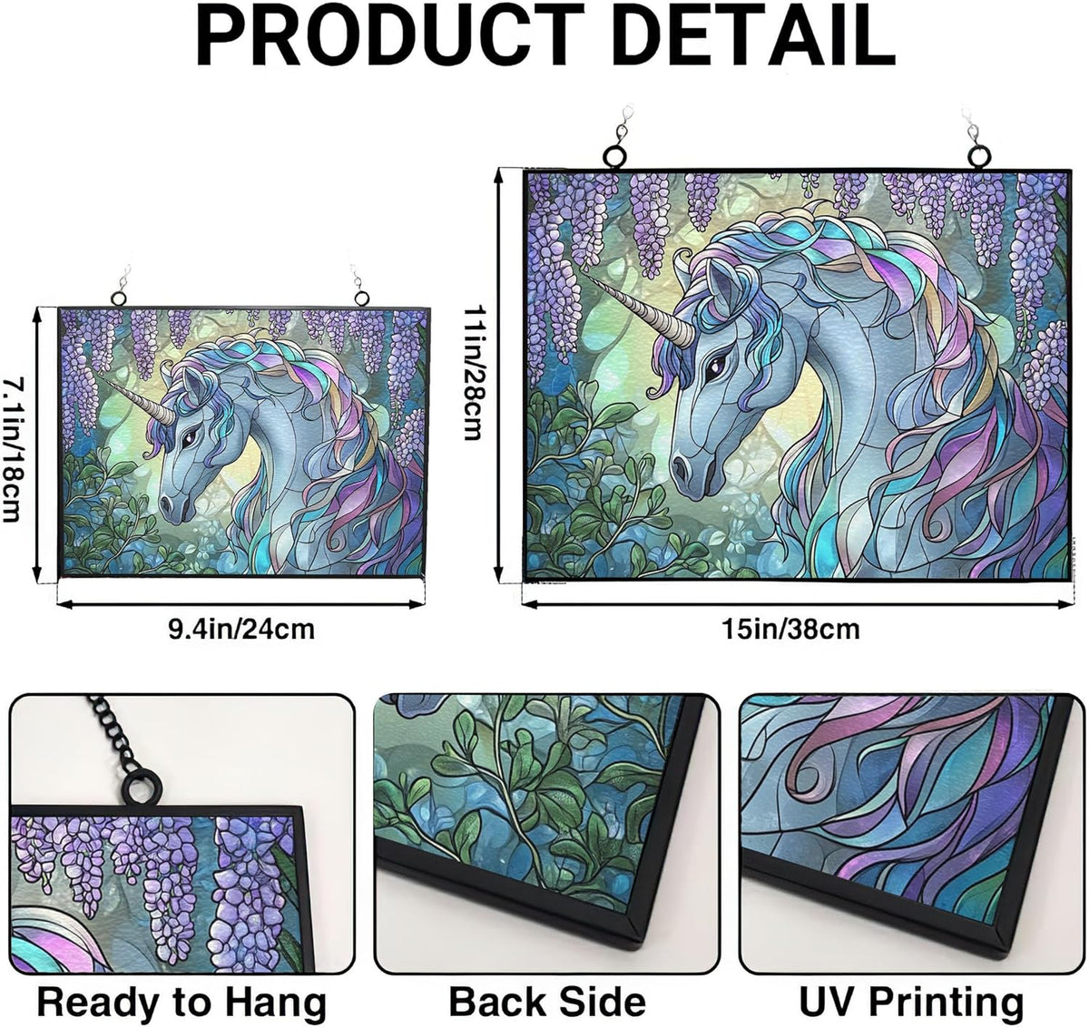 Personalized Rectangle Art Nouveau Wisteria Unicorn Stained Glass Window Hangings Stained Glass