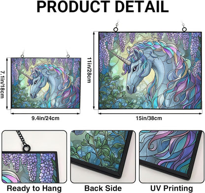 Personalized Rectangle Art Nouveau Wisteria Unicorn Stained Glass Window Hangings Stained Glass