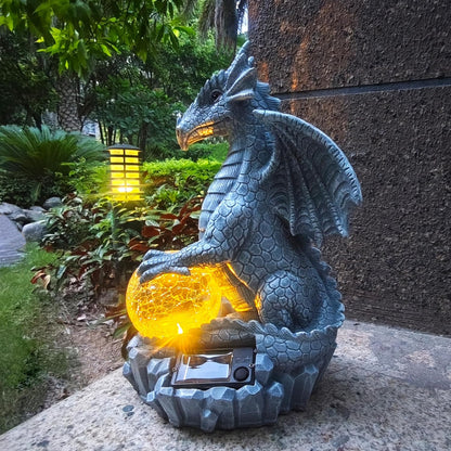 Dragon Solar Garden Statues Outdoor Decoration with Magic Orb,Dragon Figurine Solar LED Lights Lawn
