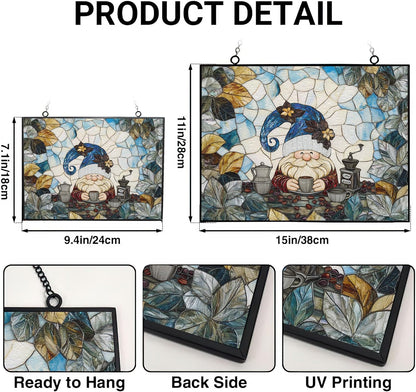 Rectangle Coffee Gnome Stained Glass Window Hanging Customized Suncatcher Glass Panel with Metal