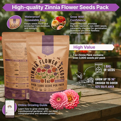 Zinnia Seeds Pack 1 oz - Over 3,800 Non-GMO Heirloom Zinnia Seeds for Planting, Annual Flowers in