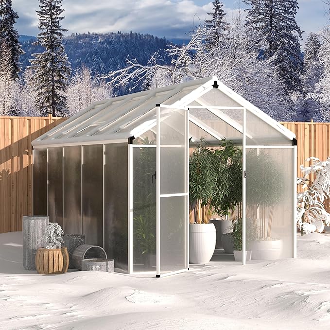 BlueWish 6x10 FT Greenhouses for Outdoors, Cedar Green House with 4-Layers Polycarbonate Panel