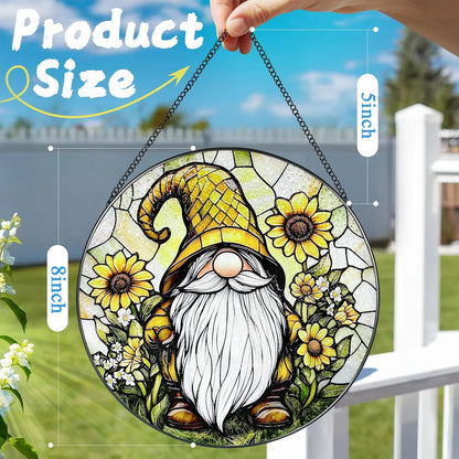 8″ Stained Glass Window Hanging Ornament, Sunflower Gnome Stained Glass Suncatcher Ornament