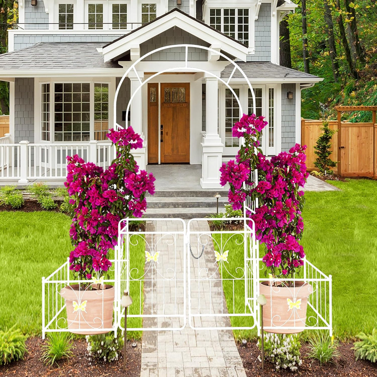 Metal Garden Arbor Arch with Gate and Plant Box, 86.6" H Heavy Duty Garden Trellis with Butterfly
